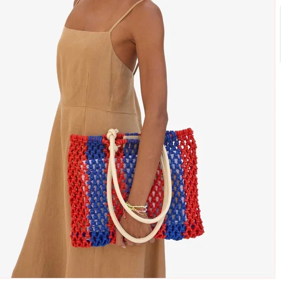Clare V. Sandy Tote Cobalt & Bright Poppy Stripe NWT - Picture 2 of 15